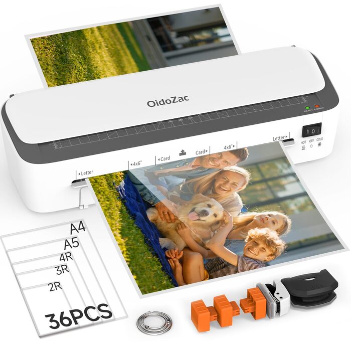 Термоламінатор для формату A4, ламінатор A4, термоламінатор 11 в 1 з 36 ламінувальними пакетами, холодним/гарячим ламінатором, 3 ріжучими головками та вбудованим тримером для школи, дому та офісу, A4 білий