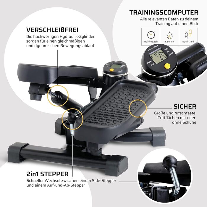 Міні-степпер SportPlus 2-в-1 із запатентованою технологією перемикання, гойдалкою та степпером вгору-вниз в одному пристрої, до 100 кг, зносостійкі гідравлічні циліндри, чорний/жовтий