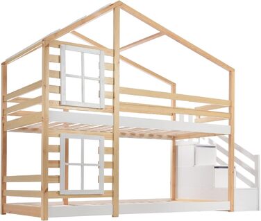 Дитяче двоярусне ліжко LATICO з шухлядою та поручнями, соснове ліжко-будиночок для дітей з драбиною, 2 рейкові основи, натуральний та білий - 244,5 x 96 x 193 см (Ш/В/Г), матрац не входить до комплекту, натуральний колір з шафками