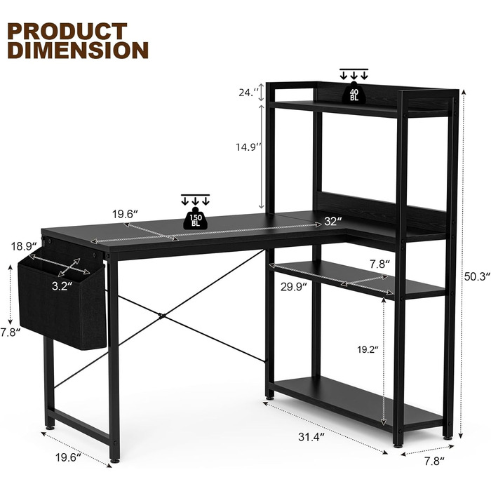 Г-подібний комп&39ютерний стіл Grandder з двосторонніми полицями, кутовий стіл для домашнього офісу, кабінету, стіл з тумбою, кабінет, 101,6 см, чорний (40 дюймів) (книжкова полиця)