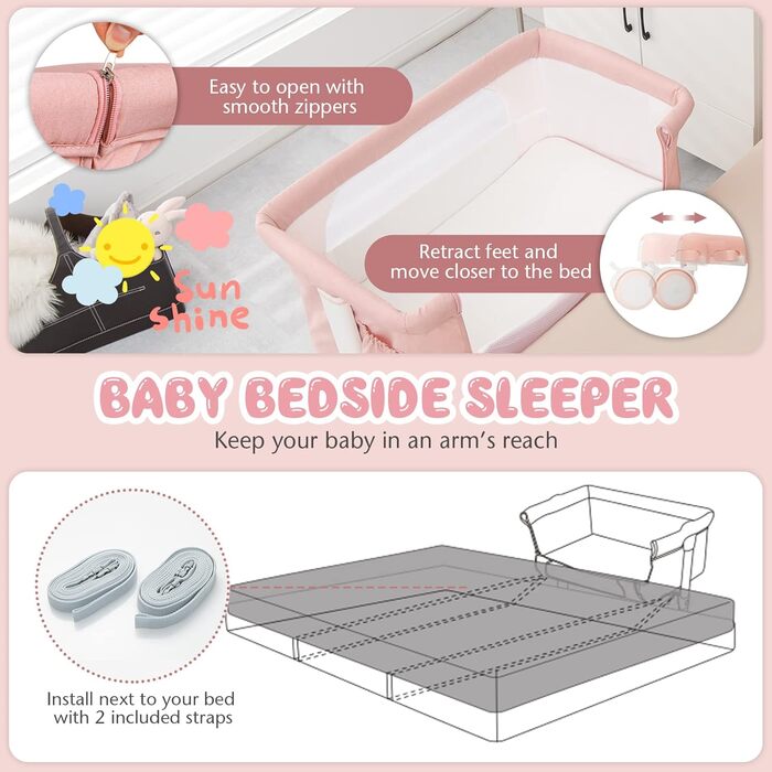 Дитяче ліжечко LIFEZEAL, мобільне дитяче ліжечко 3 в 1 з функцією гальма, регульоване по висоті дорожнє ліжечко для дітей від народження до 9 кг, дитяче ліжечко зі складною бічною панеллю та регулюванням нахилу спинки (рожеве)