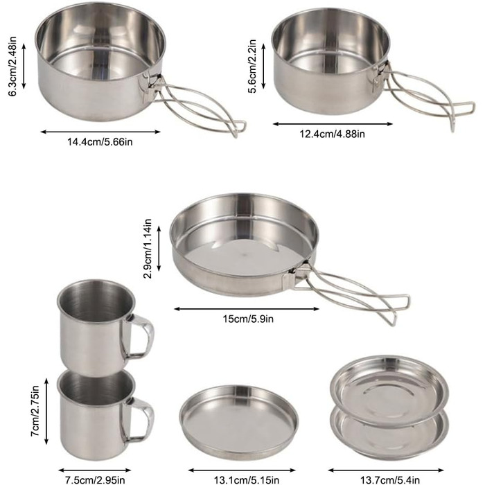 Предметний портативний набір для приготування їжі, чашки для кемпінгу на свіжому повітрі, пікніків, барбекю, 8 предметів, посуд з нержавіючої сталі для кемпінгу на свіжому повітрі, 8-
