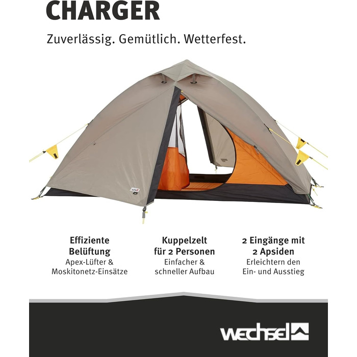 Зарядний пристрій для трекінгового намету Wechsel I Купольний намет для 2 осіб I Швидкорозкладний двомісний намет I Компактний та портативний I Ідеальний намет для кемпінгу, піших прогулянок та велосипедних поїздок на 2 особи