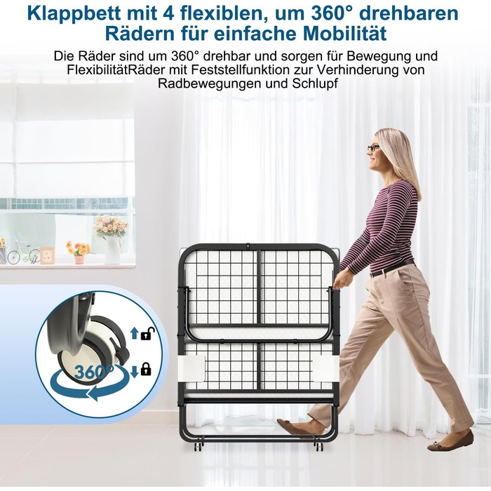 Розкладне ліжко ISOSIL 90x200 см Гостьове ліжко, розкладне з матрацом з пінопласту 13 см Гостьове ліжко, розкладне металевий каркас ліжка, розкладне ліжко на колесах, розкладне металеве ліжко, вантажопідйомність 200 кг, пилонепроникне
