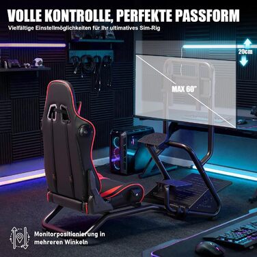 Підставка для керма гоночного симулятора з 3D стереодинаміками, кріпленням для монітора, регульованим кріпленням керма, кріпленням для важеля перемикання передач та педалями (червона)