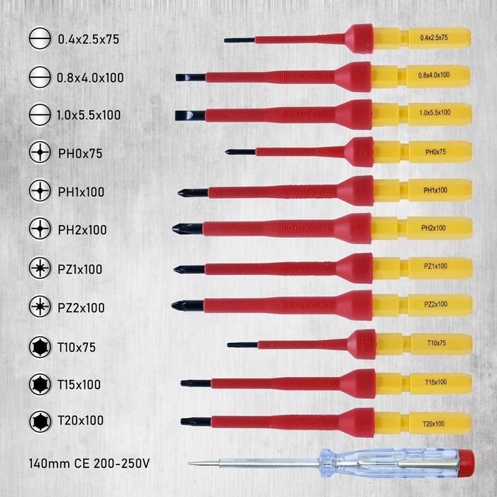 Ізольована викрутка VDE з магнітним наконечником і тестером напруги, набір зі змінними лезами, 13 предметів