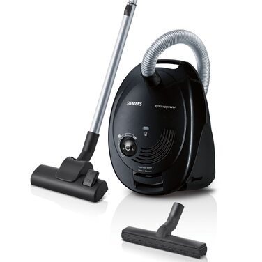 Пилосос із мішком Siemens synchropower VS06A212, 600 Вт, чорний гігієнічний фільтр, насадки для паркету, килимів, плитки та щілинна насадка, висока потужність всмоктування, довгий кабель