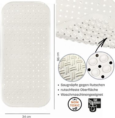 Килимок для ванни XL з протиковзким покриттям 96x34 см, без пластику, натуральний каучук FSC, 100 без BPA та ПВХ, підкладка для ванни кольору перлинно-білий, білий, перлинно-білий XL