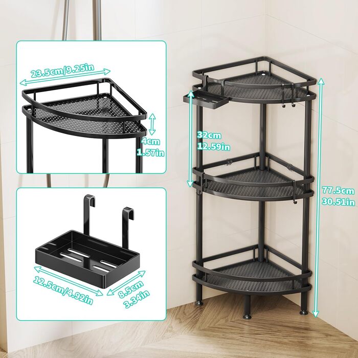 Кутова полиця для душу HapiRm без свердління - 3 предмети, стояча полиця для душу з ящиком для зберігання та 4 гачками, окремостояча полиця для ванної кімнати, кошик для шампуню та гелю для душу - чорний колір