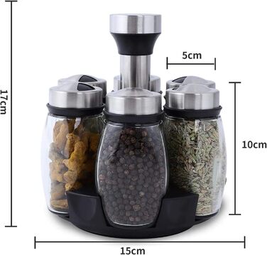 Обертова підставка для спецій, карусель для спецій, тримач для спецій на 6 склянок, підставка, що обертається на 360, набір вежі з 6 скляними контейнерами для спецій для шафи, стільниці, кухні (спеції не входять до комплекту) SPICE RANK-6