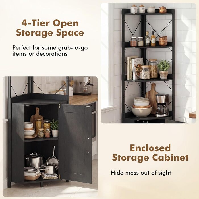 Кутова стелажна тумба GIANTEX з шафою та 6 полицями, кутова шафа заввишки 180 см з 5-ярусними регульованими полицями, окремостояча кутова вітрина з дверима, полиця для зберігання в індустріальному стилі (чорна)