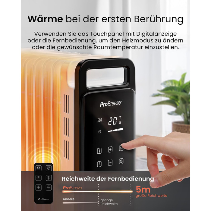 Масляний радіатор Pro Breeze OmniWarm потужністю 2500 Вт з 11 ребрами, електричним нагрівом - енергозберігаючий масляний радіатор, 3 режими нагріву, регульований термостат, 24-годинний таймер, сенсорний дисплей та функція безпечного відключення, білий - н