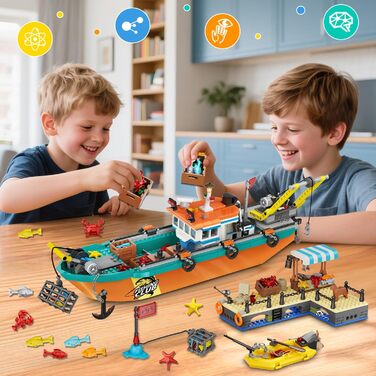 Конструктор HiWEEGO City Fishing Boat Shipyard Boat Construction Kit HG1047, 762 деталі, плавучий човен