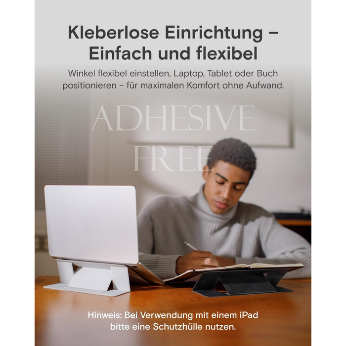 Підставка для ноутбука, складана, без клейкої основи, з 2 регульованими кутами нахилу, обтягнута екошкірою MOVAS. Портативна підставка для ноутбуків та планшетів 13 та 15. Чорний колір - великий розмір.