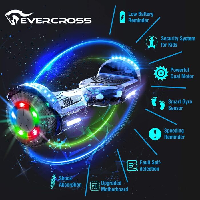 Гіроскутер EVERCROSS 6,5" з сидінням – самобалансуючий самокат з Bluetooth та світлодіодним підсвічуванням, з ховеркартом та акумулятором 4Ah, для дітей, хлопчиків та дорослих, синій