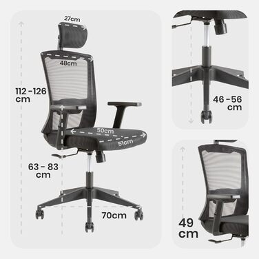 Ергономічне офісне крісло Arebos, стілець для роботи з регульованим підголівником, підлокітниками, поперековою опорою, обертове крісло з функцією гойдання, крісло керівника з сітки, захисне для спини, офісне крісло 136 кг