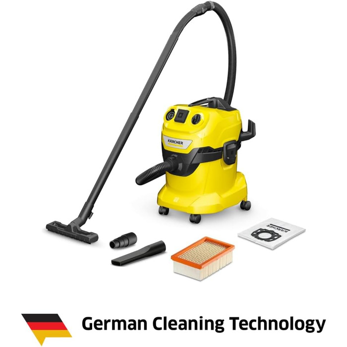 Пилосос для сухого та вологого прибирання Krcher WD 4 P V-20/5/22, пластиковий контейнер, жовтий кабель 5 м, всмоктувальний шланг
