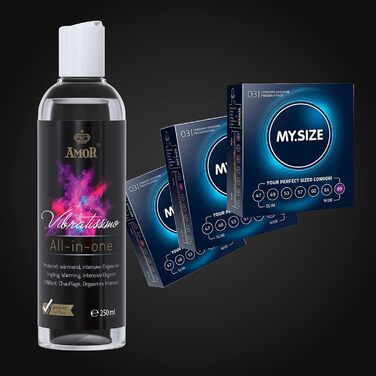 Презервативи Vibratissimo Play Gel все в одному 250 мл та MY.SIZE, 3 шт. Зігрівальний, поколюючий та стимулюючий оргазм лубрикант Зволожувальний матеріал на водній основі та презервативи шириною 57, 60, 64 мм, 250 мл () Набір (все в одному презервативи My