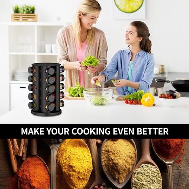 Кругла чорна підставка для спецій з 20 чорними круглими банками для спецій, карусель для спецій з нержавіючої сталі, що обертається на 360, органайзер для спецій, підставка для спецій, банки для спецій зі вставкою-шейкером, кругла банка для спецій B 20