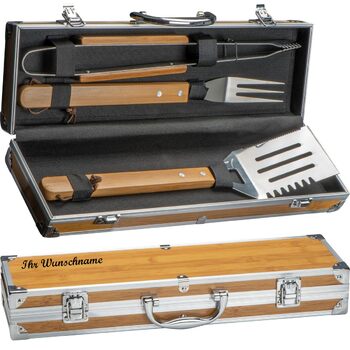 Металевий та бамбуковий футляр для гриля з гравіюванням імені - набір столових приборів для барбекю з 3 предметів