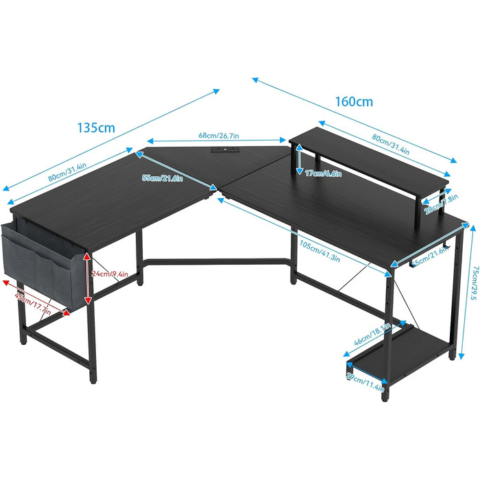 Ігровий стіл 160x135 см, комп&39ютерний стіл, письмовий стіл з підставкою для монітора, 2 розетки та 2 порти USB для зарядки, кутовий стіл, L-подібний ігровий стіл, великий кутовий стіл для ПК 160 x 135 x 75 см