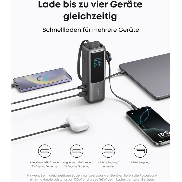 Зовнішній зарядний пристрій Anker для ноутбука, 25000 мАг 165 Вт USB-C, 3 порти USB-C по 100 Вт для заряджання кількох пристроїв, вбудований висувний кабель, для iPhone 17/16/15, MacBook, Samsung та інших, чорний