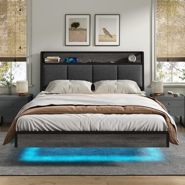 Ліжко 140 x 200, ліжко зі світлодіодним підсвічуванням, м&39яке ліжко 140 x 200, візуальний ефект плаваючого дизайну, зарядна станція, каркас ліжка з рейковою основою, для спальні, гостьової кімнати, лляна тканина сірого кольору 140 x 200 см сірого кольор