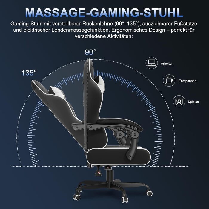 Ігрове крісло JUMMICO з функцією масажу, ергономічне офісне крісло 150 кг, ігрове крісло з надширокою подушкою сидіння 50 см, біле