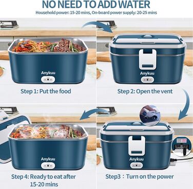 Електричний ланч-бокс 100 Вт 1,8 л 3-в-1 12 В/24 В/220 В з підігрівом, портативний для автомобіля/вантажівки/офісу/дому з виделкою та ложкою, синій