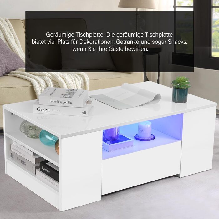Журнальний столик зі світлодіодним підсвічуванням, сучасний диванний столик, стіл для вітальні з 2 шухлядами, 100x55x37 см, білий