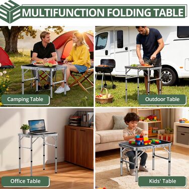 Складаний кемпінговий стіл EYPINS, регульована висота, портативний кемпінговий стіл, маленький складний стіл (58x40 см у 3 рівнях висоти) - чорно-сріблястий, алюмінієвий каркас - для кемпінгу, саду, пікніка та використання на свіжому повітрі, стільниця з 