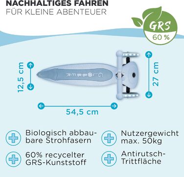 Складаний самокат GLOBBER JUNIOR Foldable Lights ECO Tretroller, 120/80 мм, ABEC 9, 3 колеса, LED-підсвітка, колір Blueberry