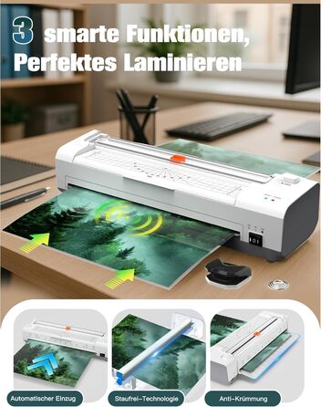 Дюймовий ламінатор A3 з автоматичною подачею паперу, гаряче та холодне ламінування A3, 20 пакетів для ламінування, комплект 10-в-1 з різаком, тримером та закруглювачем кутів для офісу, школи та дому, білий ламінатор A3, білий, 13-