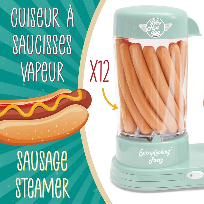 Машина для виготовлення хот-догів ScrapCooking 601 - місткість 12 сосисок і 2 булочки - вінтажний ретро-стиль для вечірок Барбекю Фестивалі Веселощі День народження-Зелений-0601, безпечний для харчових продуктів пластик, білий