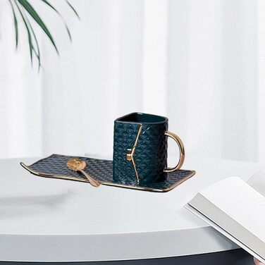 Кавова кружка у формі сумочки, керамічна кружка для пиття з ложкою для чаю, молока, кави для домашнього офісу та готелю, темно-зелена