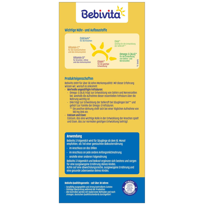 Молочна суміш Bebivita 3 для дітей віком від 10 місяців (4 x 500 г), з вітамінами C та D, Омега-3 (DHA, ALA), що насичує дитину відповідно до віку