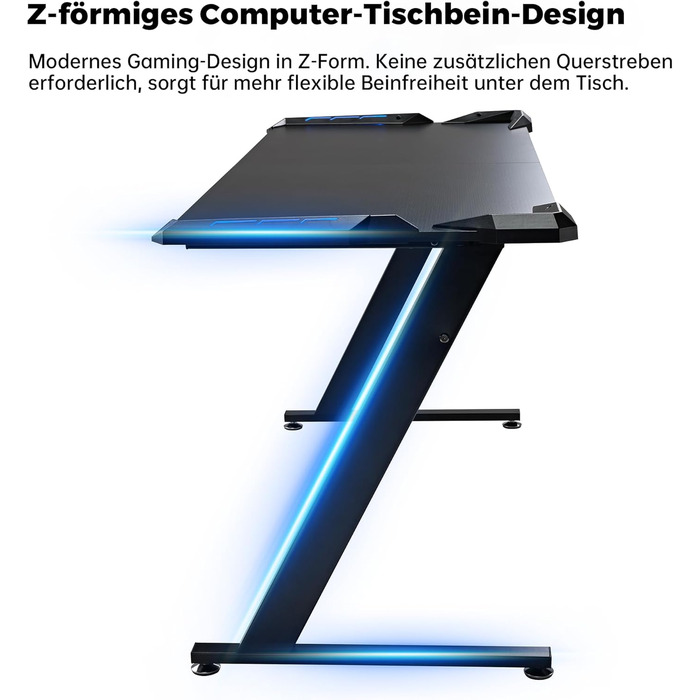 Ергономічний ігровий стіл Eureka 153 60 см, великий ігровий письмовий стіл зі світлодіодним підсвічуванням, ігровий ПК-стіл на карбоновому волокні