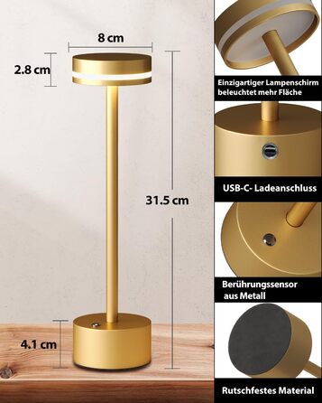 Акумуляторні акумуляторні бездротові настільні лампи з сенсорним вимикачем, повністю алюмінієвий корпус лампи, 3-рівневе затемнення, акумулятор 4000 мАг, тепле світло 3000K, для обіднього столу, вітальні (золото) золото 2 упаковки, 2