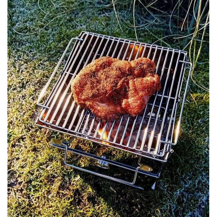 Складаний гриль з нержавіючої сталі CampFeuer 22 x 20,5 x 27 см Складаний гриль Кемпінговий гриль для походів та використання на свіжому повітрі Складаний портативний гриль, портативний кишеньковий гриль, сріблястий кемпінговий гриль