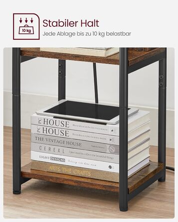 Приставний столик VASAGLE, тумбочка з розеткою, вузька, 2 розетки змінного струму, 2 порти USB, 30 x 34 x 58 см, для вітальні, спальні, вінтажний коричнево-чорний LET375B01 Рустикальний коричневий чорний