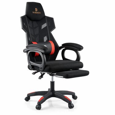 Ергономічне ігрове крісло BARBERIO, офісне крісло, вантажопідйомність 150 кг, повітропроникна сітка, з підставкою для ніг, регульовані підлокітники, сидіння 54 см, поворот на 360, подушка для поперекової підтримки, регульована висота (чорно-червоне)