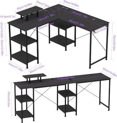 Ігровий стіл 210 x 50 см з розеткою та USB-портом, 3 варіанти встановлення, L-подібний ігровий стіл з полицею для монітора, ігровий стіл для ПК з карбоновою поверхнею