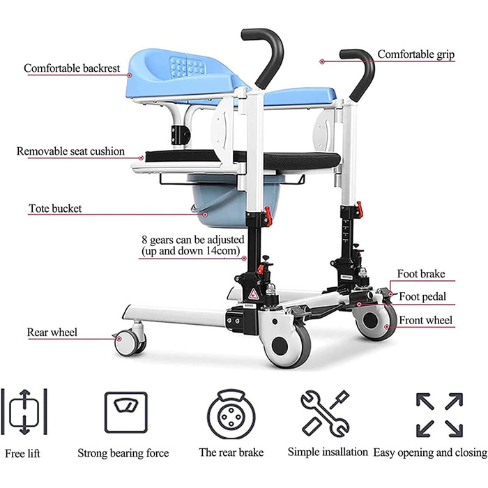Підйомник для пацієнтів, Перенесений крісельний підйомник для дому, Багатофункціональний допоміжний підйомник для пацієнтів зі знімною подушкою та туалетним відром для людей похилого віку з обмеженими можливостями