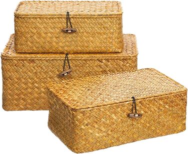 Кошики для зберігання речей, комплект кошиків з ротанга з 3 предметів з кришками, плетені кошики для подарунків, багатофункціональні кошики з морської трави, органайзери для косметики для ванної кімнати, вітальні, кухні