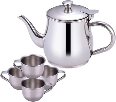 Дитячий чайний набір включає в себе портативний чайник з нержавіючої сталі обємом 330 мл з довгим носиком та фільтром, а також 4 чашки по 70 мл для чаювання вдома або в поході.