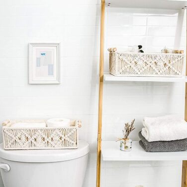 Набір із 2 плетених кошиків для зберігання макраме, декоративні коробки, бохо-декор, ручна робота з макраме з бавовняної мотузки з ручками для декору, подарунковий кошик, кошик для хліба, кошик для зберігання закусок (білий)