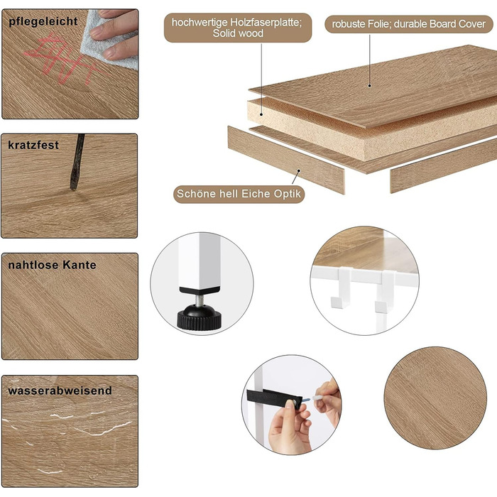 Рівнева полиця для зберігання, кухонна полиця з 4 гачками, книжкова полиця в індустріальному стилі, окремостояча полиця для вітальні/кухні, полиця з МДФ/металу, вузька полиця-драбина, білий колір, 40 x 170 x 36 см, RGB9289whe, світлий дуб білий, 5 полиць 