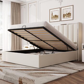 М&39яке ліжко з ящиком для зберігання речей, узголів&39ям заввишки 115 см, місцем для зберігання речей, функцією підйому та хромованим дизайном, каркас з масиву дерева оксамит (кремово-білий, 140 x 200 см) 140 x 200 см Бежевий