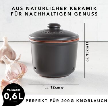Літра - Керамічний горщик для часнику - Дихаюча глина довше зберігає овочі свіжими - Ідеальна циркуляція повітря - Чорний, 0,6