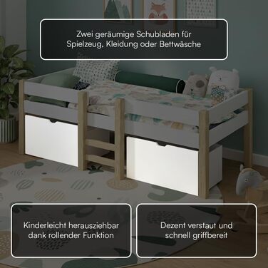 Дитяче ліжко Bellabino Aspy 90x200 см Ліжко-горище з 2 шухлядами, поручнями та рейковою основою Ліжко середнього класу з драбиною з масиву сосни білого/натурального кольору Дитяче ліжко з місцем для зберігання (матрац не входить до комплекту) Біле - з шух